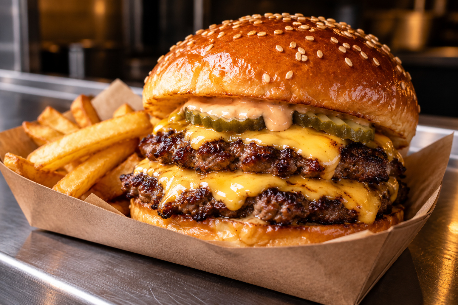 Illustrative double cheeseburger in a street-food tray