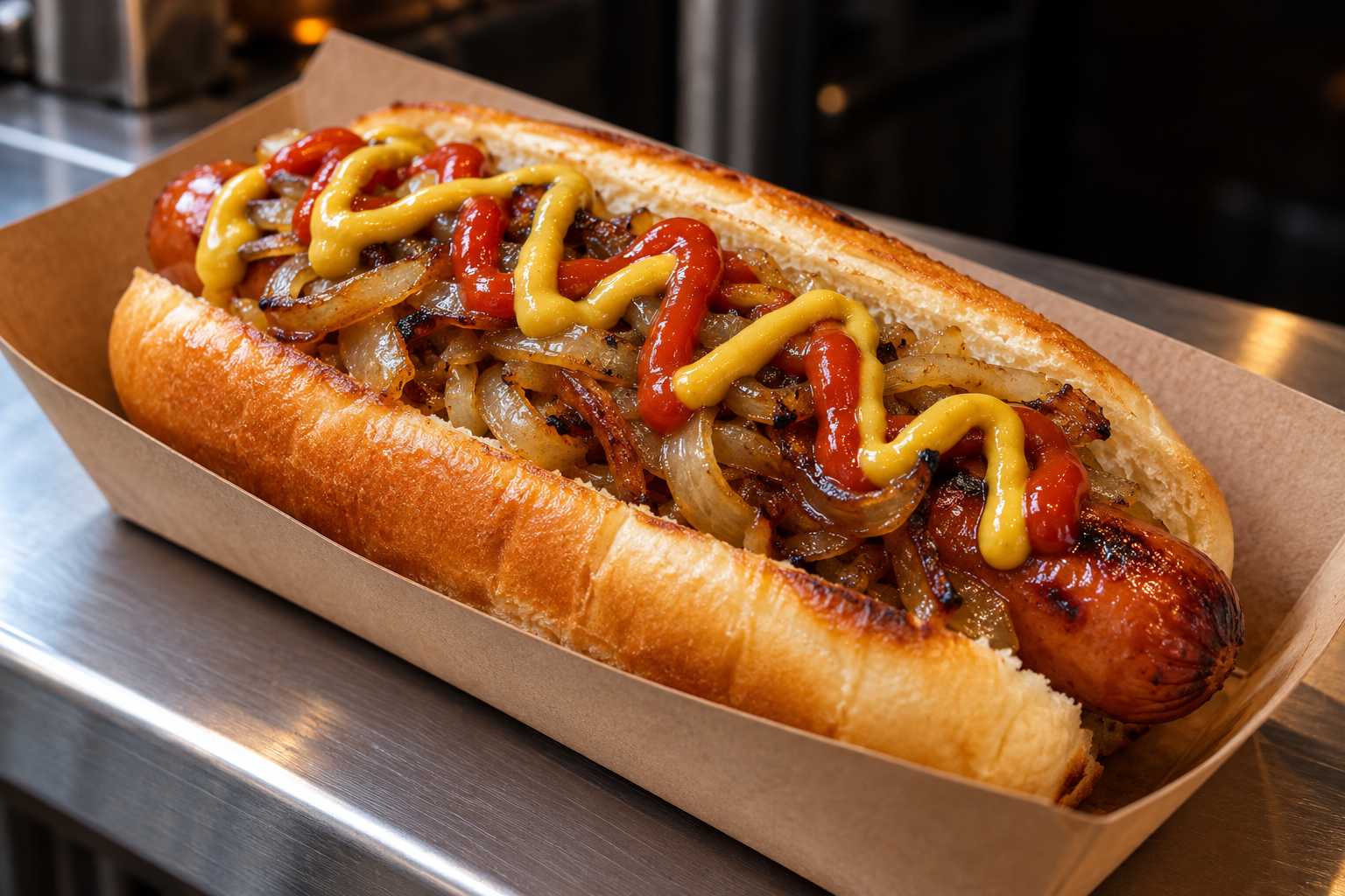 Illustrative hot dog with onions and sauces